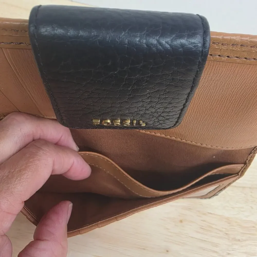 Fossil Colorblock Leather Bifold Wallet Trifold Organizer Brown Tan Black 8x3.5
